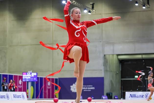 June 18, 2023, Berlin, Germany: An athlete competes in Rhythmic gymnastics, Rhythmische Sportgymnastik, RSG discipline during the Special Olympics Summer World Games Berlin 2023 in Messe conference centre. The 2023 Berlin Games will host 7000 athletes with learning disabilities from 190 countries. Special Olympics is an international charity which aims to include individuals with learning disabilities into the realm of olympic sports. Berlin 2023 is the biggest sporting as well as charitable event of 2023. Berlin Germany - ZUMAs197 20230618_zaa_s197_131 Copyright: xDominikaxZarzyckax