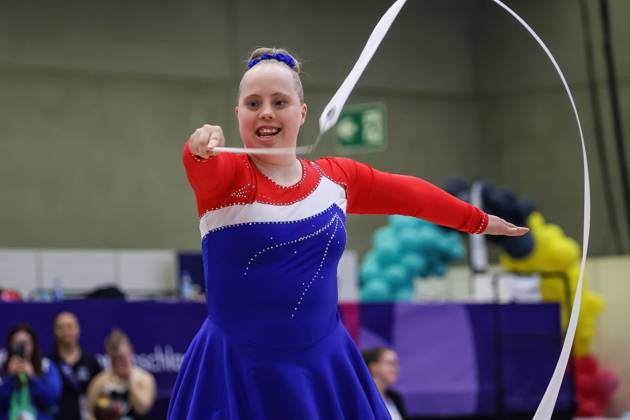 June 18, 2023, Berlin, Germany: An athlete competes in Rhythmic gymnastics, Rhythmische Sportgymnastik, RSG discipline during the Special Olympics Summer World Games Berlin 2023 in Messe conference centre. The 2023 Berlin Games will host 7000 athletes with learning disabilities from 190 countries. Special Olympics is an international charity which aims to include individuals with learning disabilities into the realm of olympic sports. Berlin 2023 is the biggest sporting as well as charitable event of 2023. Berlin Germany - ZUMAs197 20230618_zaa_s197_140 Copyright: xDominikaxZarzyckax