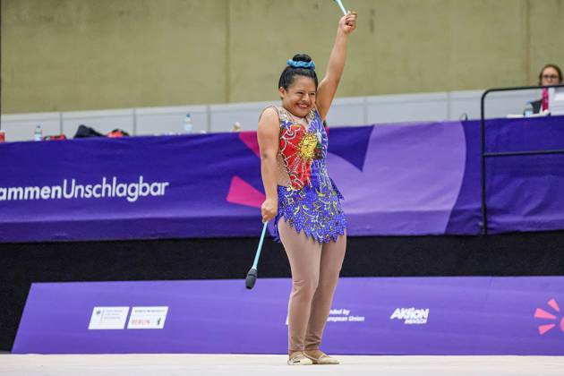 June 18, 2023, Berlin, Germany: An athlete competes in Rhythmic gymnastics, Rhythmische Sportgymnastik, RSG discipline during the Special Olympics Summer World Games Berlin 2023 in Messe conference centre. The 2023 Berlin Games will host 7000 athletes with learning disabilities from 190 countries. Special Olympics is an international charity which aims to include individuals with learning disabilities into the realm of olympic sports. Berlin 2023 is the biggest sporting as well as charitable event of 2023. Berlin Germany - ZUMAs197 20230618_zaa_s197_146 Copyright: xDominikaxZarzyckax