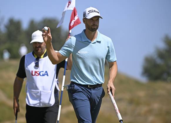 Wyndham Clark reacts after sinking a putt on the ninth hole during the final round of the 2023 U.S. Open Golf Championship at the Los Angeles Country Club in Los Angeles, California on Sunday, June 18, 2023.  LAP20230618736 ALEXxGALLARDO