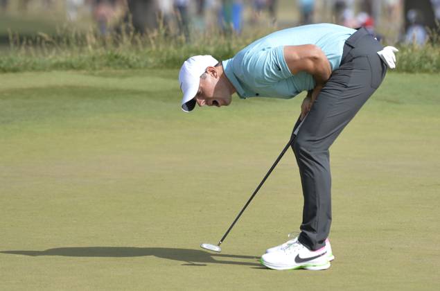Rory McIlroy of Northern Ireland reacts after missing a birdie putt on the tenth hole during the final round of the 2023 U.S. Open Golf Championship at the Los Angeles Country Club in Los Angeles, California on Sunday, June 18, 2023.  LAP20230618759 MIKExGOULDING