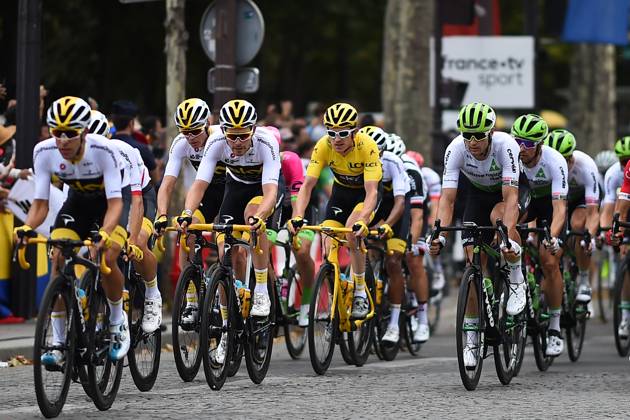 Tour De France In Doubt File photo dated July 29, 2018 of riders of Team Sky lead the pack during a passage on the Champs Elysees during the last stage of the 105th edition of the Tour de France cycling race in Paris. Doubts continue to grow around this year?s Tour de France after the UCI announced it was extending the suspension of all cycling races until 1 June, a little over three weeks before the event is due to begin in Nice on 27 June. The French government indicated last week it was looking at ways cycling?s biggest race might be able to take place without any spectators but the feasibility of staging such an event in any form is increasingly questionable as the shutdown of professional cycling continues. Photo by Eliot Blondet ABACAPRESS.COM Paris France Copyright: xBlondetxEliot ABACAx 726496_004 BlondetxEliot ABACAx 726496_004