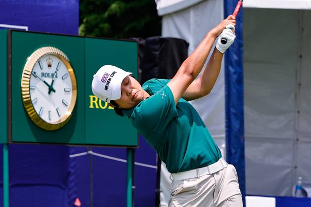 SPRINGFIELD, NJ - JUNE 19: Harukyo Nomura of Japan tees off at the 1st tee during practice for the LPGA, Golf Damen KPMG Women™s PGA, Golf Herren Championship on June 19, 2023 at Baltusrol Golf Club (Lower Course) in Springfield, New Jersey. (Photo by Rich Graessle Icon Sportswire) GOLF: JUN 19 LPGA KPMG Women™s PGA Championship EDITORIAL USE ONLY Icon23061918155