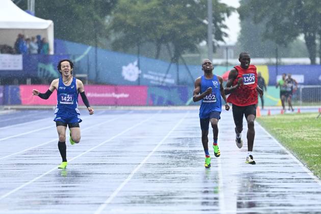 Berlin, Germany, June 20th 2023: Heavy rain at the 800m Level A finals during the Special Olympics World Games Berlin 2023 - Men s 800m - Olympiapark. (Ryan Sleiman SPP) Copyright: xRyanxSleimanx xSPPx spp-en-RySlSp-Special Olympics World Games Berlin 2023 - Mens 800m - Olympiapark_0196