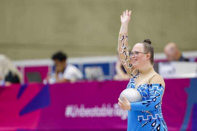 SEPCIAL OLYMPICS WORLD GAMES Special Olympics World Games Berlin 2023 4 day 20 June 2023 rhythmic gymnastics Emilie Soiland from Norway thanks fans after her performance Berlin Berlin Germany