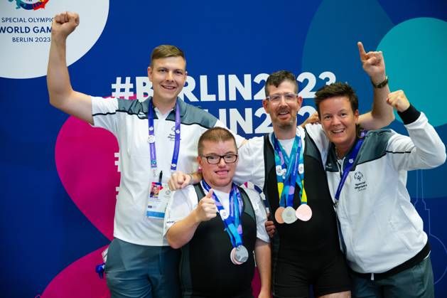SPECIAL OLYMPICS - World Summer Games 2023 BERLIN,GERMANY,20.JUN.23 - SPECIAL OLYMPICS - World Summer Games 2023, powerlifting. Image shows Georg Javorics (AUT), Marcel Golacz (AUT), Sascha Maikl (AUT) and Bettina Kahlhammer (AUT)  GEPAxpictures xGintarexKarpaviciute