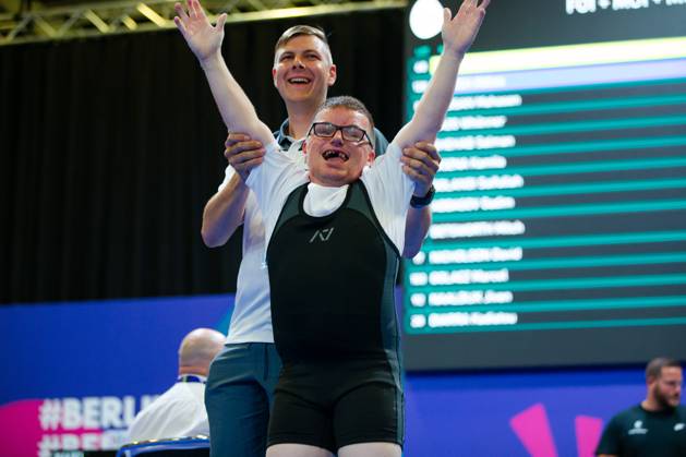 SPECIAL OLYMPICS - World Summer Games 2023 BERLIN,GERMANY,20.JUN.23 - SPECIAL OLYMPICS - World Summer Games 2023, powerlifting. Image shows Marcel Golacz (AUT) and Georg Javorics (AUT)  GEPAxpictures xGintarexKarpaviciute