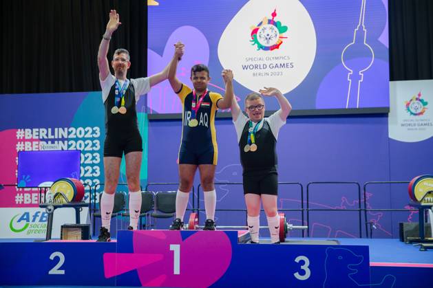 SPECIAL OLYMPICS - World Summer Games 2023 BERLIN,GERMANY,20.JUN.23 - SPECIAL OLYMPICS - World Summer Games 2023, powerlifting. Image shows ascha Maikl (AUT), Abbas Taresh (IRQ) and Marcel Golacz (AUT)  GEPAxpictures xGintarexKarpaviciute