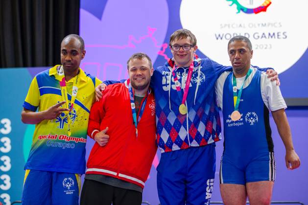 SPECIAL OLYMPICS - World Summer Games 2023 BERLIN,GERMANY,20.JUN.23 - SPECIAL OLYMPICS - World Summer Games 2023, powerlifting. Image shows Jiven Naaldijk (CUW), David Nicholson (CAN), Mitch Betsworth (USA) and Gadim Abbasov (AZE)  GEPAxpictures xGintarexKarpaviciute