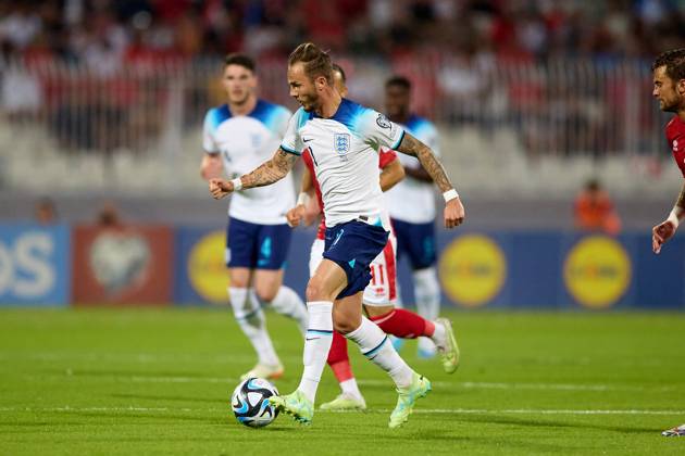 TA™ QALI, MALTA - JUNE 16: England national soccer team player James Maddison runs with the ball during the UEFA EURO, EM, Europameisterschaft,Fussball 2024 European qualifying soccer match between Malta and England at the National Stadium, Ta™ Qali, Malta, on 16 June 2023. Malta v England - UEFA EURO 2024 European Qualifier