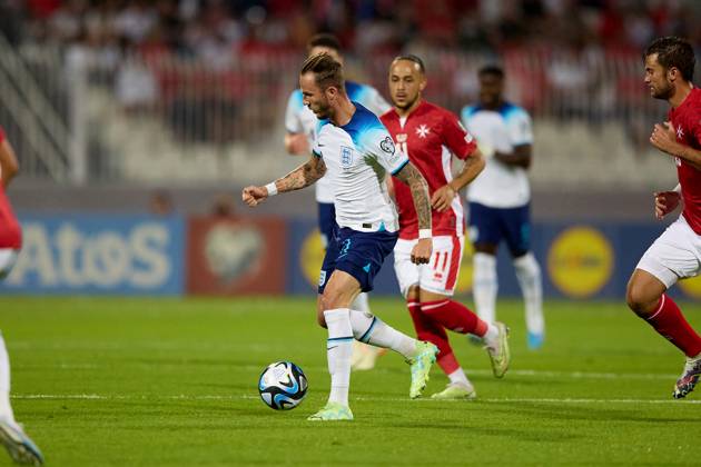 TA™ QALI, MALTA - JUNE 16: England national soccer team player James Maddison runs with the ball during the UEFA EURO, EM, Europameisterschaft,Fussball 2024 European qualifying soccer match between Malta and England at the National Stadium, Ta™ Qali, Malta, on 16 June 2023. Malta v England - UEFA EURO 2024 European Qualifier