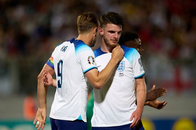 TA™ QALI, MALTA - JUNE 16: England national soccer team captain Harry Kane (L) celebrates scoring a penalty with Declan Rice (R) during the UEFA EURO, EM, Europameisterschaft,Fussball 2024 European qualifying soccer match between Malta and England at the National Stadium, Ta™ Qali, Malta, on 16 June 2023. Malta v England - UEFA EURO 2024 European Qualifier