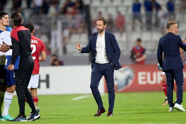 TA™ QALI, MALTA - JUNE 16: England national soccer team manager Gareth Southgate enters the pitch of play after the UEFA EURO, EM, Europameisterschaft,Fussball 2024 European qualifying soccer match between Malta and England at the National Stadium, Ta™ Qali, Malta, on 16 June 2023. Malta v England - UEFA EURO 2024 European Qualifier