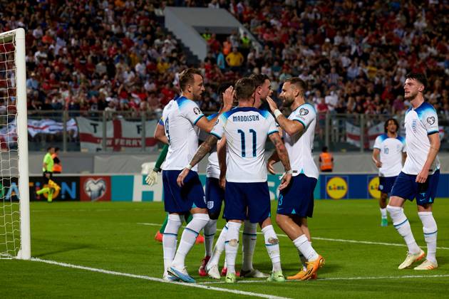 TA™ QALI, MALTA - JUNE 16: England national soccer team captain Harry Kane (L) celebrates scoring from the penalty spot during the UEFA EURO, EM, Europameisterschaft,Fussball 2024 European qualifying soccer match between Malta and England at the National Stadium, Ta™ Qali, Malta, on 16 June 2023. Malta v England - UEFA EURO 2024 European Qualifier