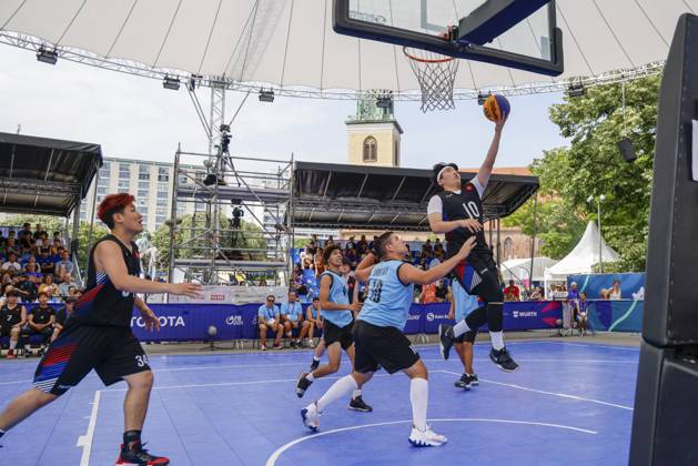 SEPCIAL OLYMPICS WORLD GAMES Special Olympics World Games Berlin 2023 6 day 22 June 2023 3x3 basketball men team Korea trying to shoot a basket Berlin Neptunbrunnen Berlin Germany