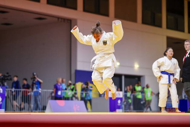 SEPCIAL OLYMPICS WORLD GAMES Special Olympics World Games Berlin 2023 7 Day 23 June 2023 Judo Stefanie Drescher cheers after a victory Berlin Berlin Germany