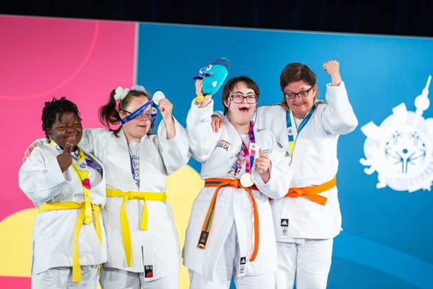 SPECIAL OLYMPICS - World Summer Games 2023 BERLIN,GERMANY,24.JUN.23 - SPECIAL OLYMPICS - World Summer Games 2023, judo. Image shows Benjamine Some (BFA), Petra Neagoe (ROU), Laura Signer (SUI) and Dijana Kontic (AUT).  GEPAxpictures xGintarexKarpaviciute