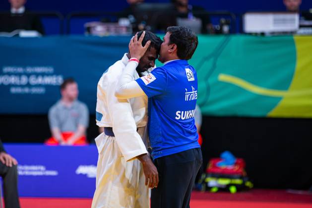 SPECIAL OLYMPICS - World Summer Games 2023 BERLIN,GERMANY,24.JUN.23 - SPECIAL OLYMPICS - World Summer Games 2023, judo. Image shows Aslam Babajan Ganjanawar (IND) and coach.  GEPAxpictures xGintarexKarpaviciute