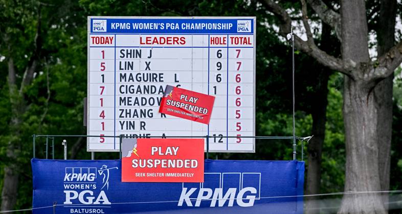June 25, 2023, Springfield, NJ, USA: The scoreboard displaying weather warnings as play is suspended during the final round of the KPMG Womens Golf Championship at Baltusrol Golf Club in Springfield, NJ on June 25, 2023. Eclipse Sportswire CSM Springfield USA - ZUMAcs17 20230625_zaf_cs17_002 Copyright: xScottxSeriox