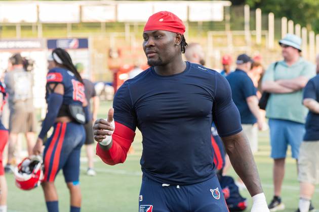 American football, 2023 season, European League of Football ELF , Hamburg Sea Devils Berlin Thunder, Stadion Hoheluft Hamburg , 25 06 2023, 4 Gameweek Evans Yeboah 95, Sea Devils, DL, GHA For editorial use only Photo IMAGO Lobeca Roberto Seidel Hamburg Stadion Hoheluft, Lokstedter Steindamm 87 Hamburg Germany Copyright: xIMAGO. Lobeca RobertoxSeidel,xAllxrightsxnotxspecificallyxgrantedxarexreserved.x