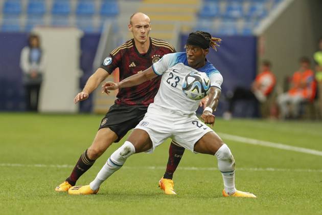 UEFA U21 European Championship, Germany England, 3 group match, 28 06 2023, Batumi Noni MADUEKE 23, England , Henning MATRICIANI 14, Germany, FC Schalke 04 , UEFA U21 European Football Championship in Romania and Georgia, Germany England, 3 group match, 28 06 2023, Batumi Copyright: xBEAUTIFULxSPORTS Meuselx