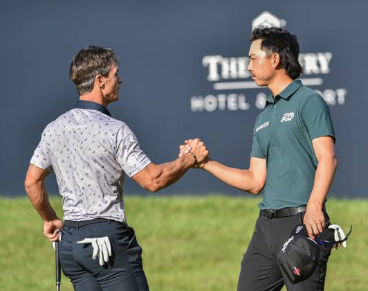 29th June 2023; The Belfry, Sutton Coldfield, West Midlands, England: Betfred British Masters Golf, Day 1; Min Woo Lee (AUS) shakes hands with Thorbjorn Olesen (DEN)  ActionPlus12525026 GodfreyxPitt