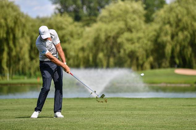Sport Bilder des Tages 29th June 2023; The Belfry, Sutton Coldfield, West Midlands, England: Betfred British Masters Golf, Day 1; Dale Whitnell (ENG) hits his approach to the 18th green  ActionPlus12525027 GodfreyxPitt