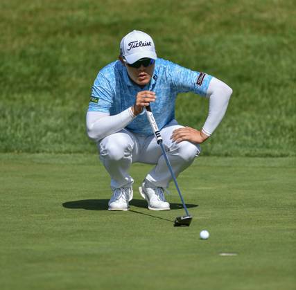 29th June 2023; The Belfry, Sutton Coldfield, West Midlands, England: Betfred British Masters Golf, Day 1; Jeong Weon Ko (FRA) lines up a putt  ActionPlus12525017 GodfreyxPitt