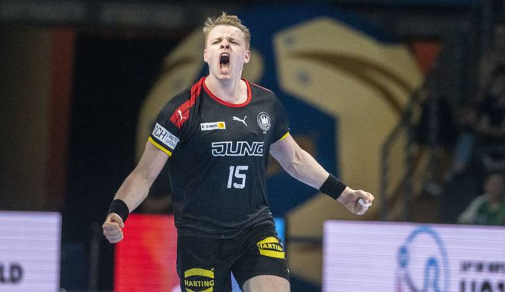 29 06 2023, GER, handball, men, DHB, Handball U21 World Championship 2023, quarterfinals, Germany Denmark Justus Fischer Germany cheers Berlin Max Schmeling Halle Berlin Germany