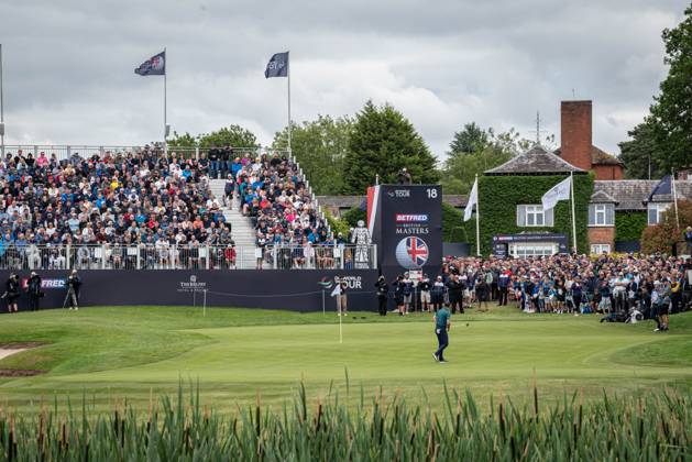 2nd July 2023; The Belfry, Sutton Coldfield, West Midlands, England: Betfred British Masters Golf, Day 4; Justin Rose nearly holes a long putt on the 18th green  ActionPlus12526643 GodfreyxPitt