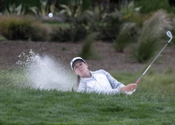 Emilia Migliaccio hits out of a trap to the second green in round one of the Women s U.S. Open at Pebble Beach, California on Thursday, July 6, 2023.  PBP2023070619 TERRYxSCHMITT