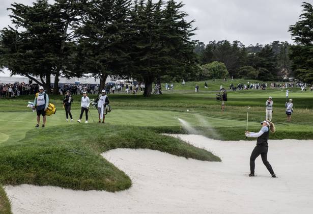 Brooke Henderson of Canada hits out of a trap to the second green in round one of the Women s U.S. Open at Pebble Beach, California on Thursday, July 6, 2023.  PBP2023070623 TERRYxSCHMITT