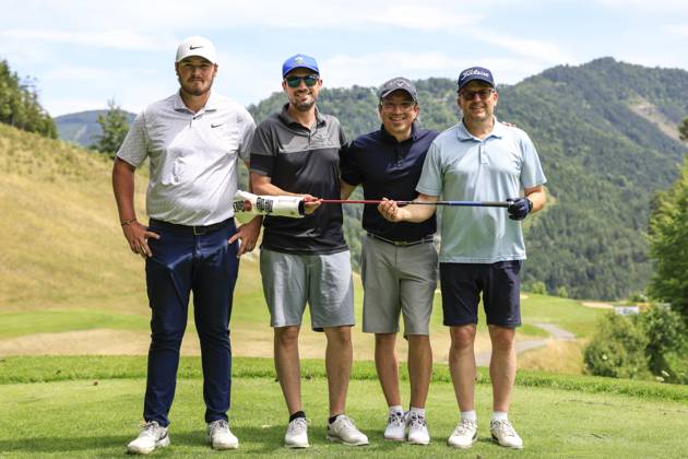 GOLF - EURAM Bank Open 2023 RAMSAU,AUSTRIA,12.JUL.23 - GOLF - Challenge Tour, EURAM Bank Open 2023, GC Adamstal. Image shows Pierre Pineau (FRA), Franz Wittmann Jr., Bernhard Haselsteiner and Serge Falck.  GEPAxpictures xMarioxBuehner