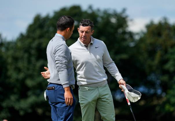 Mandatory Credit: Photo by Stuart Wallace Shutterstock (14003893o) Rory McIlroy with Xander Schauffele after finishing their first round game on the 9th green. Genesis Scottish Open, Day One, Golf, The Renaissance Club, North Berwick, UK - 13 Jul 2023 Genesis Scottish Open, Day One, Golf, The Renaissance Club, North Berwick, UK - 13 Jul 2023 Copyright: xStuartxWallace Shutterstockx 14003893o