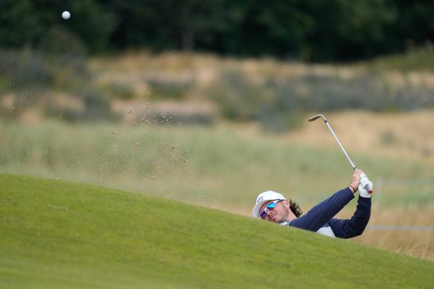 Mandatory Credit: Photo by Stuart Wallace Shutterstock (14003893ab) Ewen Ferguson (SCO) plays out of a green side bunker on the 8th hole. Genesis Scottish Open, Day One, Golf, The Renaissance Club, North Berwick, UK - 13 Jul 2023 Genesis Scottish Open, Day One, Golf, The Renaissance Club, North Berwick, UK - 13 Jul 2023 Copyright: xStuartxWallace Shutterstockx 14003893ab