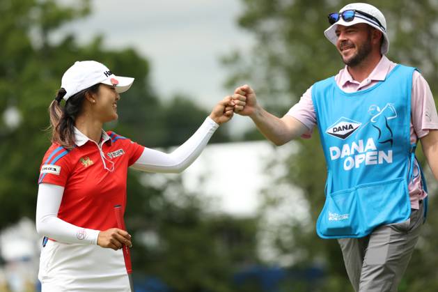 Dana Open Jaravee Boonchant of Thailand celebrates with her caddie after putting in for a birdie on the second green during Day One of the Dana Open at Highland Meadows Golf Club in Sylvania, Ohio USA, on Thursday, July 13, 2023. Sylvania Ohio United States  Copyright: xJorgexLemusx originalFilename:lemus-danaopen230713_np1Jm.jpg