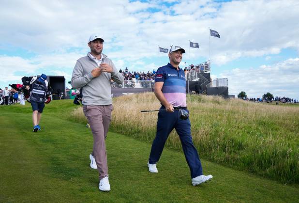 Mandatory Credit: Photo by Stuart Wallace Shutterstock (14003897c) Scottie Scheffler (USA) & Padraig Harrington (IRL) walk towards the walks towards the fairway on the 1st hole during the 3rd round. Genesis Scottish Open, Day Three, Golf, The Renaissance Club, North Berwick, UK - 15 Jul 2023 Genesis Scottish Open, Day Three, Golf, The Renaissance Club, North Berwick, UK - 15 Jul 2023 Copyright: xStuartxWallace Shutterstockx 14003897c