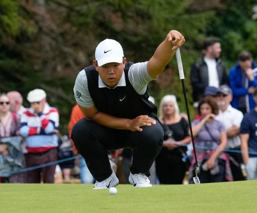 Mandatory Credit: Photo by Stuart Wallace Shutterstock (14003897am) Tom Kim (KOR) on the 17th green during the 3rd round. Genesis Scottish Open, Day Three, Golf, The Renaissance Club, North Berwick, UK - 15 Jul 2023 Genesis Scottish Open, Day Three, Golf, The Renaissance Club, North Berwick, UK - 15 Jul 2023 Copyright: xStuartxWallace Shutterstockx 14003897am