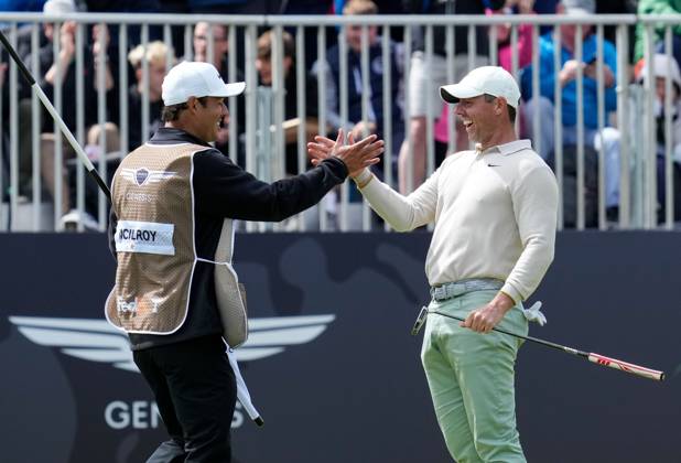 Mandatory Credit: Photo by Stuart Wallace Shutterstock (14003901as) Rory McIlroy (NIR) celebrates with his caddie Harry Diamond after holing a birdie putt on the 18th green to win the Genesis Scottish Open by one shot with a score of 15 under par after 72 holes, beating Robert MacIntyre (SCO) by one shot. Genesis Scottish Open, Day Four, Golf, The Renaissance Club, North Berwick, UK - 16 Jul 2023 Genesis Scottish Open, Day Four, Golf, The Renaissance Club, North Berwick, UK - 16 Jul 2023 Copyright: xStuartxWallace Shutterstockx 14003901as