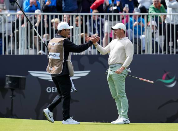 Mandatory Credit: Photo by Stuart Wallace Shutterstock (14003901at) Rory McIlroy (NIR) celebrates with his caddie Harry Diamond after holing a birdie putt on the 18th green to win the Genesis Scottish Open by one shot with a score of 15 under par after 72 holes, beating Robert MacIntyre (SCO) by one shot. Genesis Scottish Open, Day Four, Golf, The Renaissance Club, North Berwick, UK - 16 Jul 2023 Genesis Scottish Open, Day Four, Golf, The Renaissance Club, North Berwick, UK - 16 Jul 2023 Copyright: xStuartxWallace Shutterstockx 14003901at