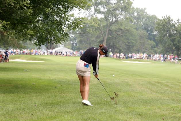 SYLVANIA, OH - JULY 15: LPGA, Golf Damen golfer Linn Grant hits her second shot on the 4th hole during the final round of the Dana Open on July 16, 2023, at Highland Meadows Golf Club in Sylvania, Ohio. (Photo by Brian Spurlock Icon Sportswire) GOLF: JUL 15 LPGA Dana Open EDITORIAL USE ONLY Icon230716017
