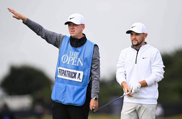Mandatory Credit: Photo by Greig Cowie Shutterstock (14012011az) Alan Fitzpatrick on the 2nd Tee with Caddy The British Open Championship, Practice, Golf, Royal Liverpool Golf Club, Liverpool, UK - 17 Jul 2023 The British Open Championship, Practice, Golf, Royal Liverpool Golf Club, Liverpool, UK - 17 Jul 2023 Copyright: xGreigxCowie Shutterstockx 14012011az