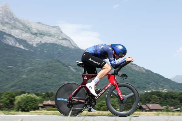 Swiss Stefan Kung of Groupama-FDJ pictured in action during stage 16 of the Tour de France cycling race, an individual time trial from Passy to Combloux (22,4 km), France, Tuesday 18 July 2023. This year s Tour de France takes place from 01 to 23 July 2023. DAVIDxPINTENS x70762799x