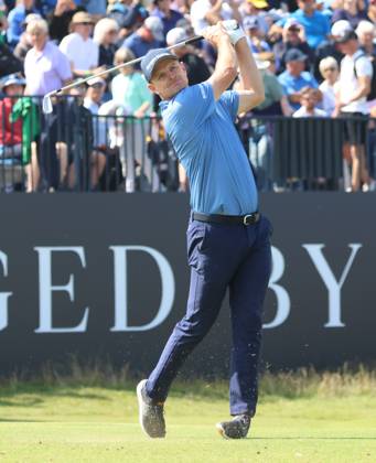 England s Justin Rose drives on the fourth tee on the first day at the 151st Open Championship at Royal Liverpool Golf Club in Hoylake, England on Thursday, July 20, 2023.  LON20230720117 HUGOxPHILPOTT