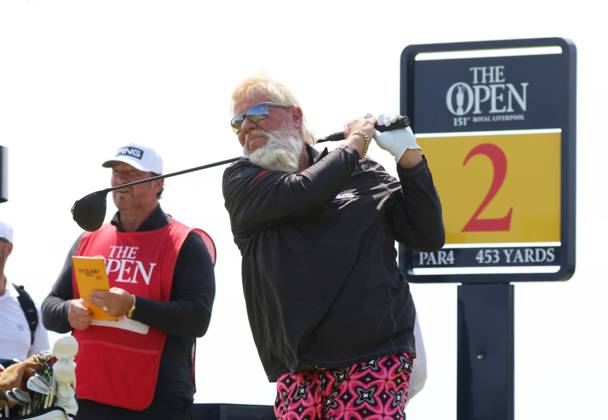 American John Daly tees off on the second hole on the first day at the 151st Open Championship at Royal Liverpool Golf Club in Hoylake, England on Thursday, July 20, 2023.  LON2023072060 HUGOxPHILPOTT