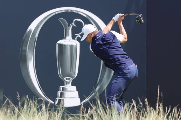 American Taylor Moore tees off on the 1st on the first day at the 151st Open Championship at Royal Liverpool Golf Club in Hoylake, England on Thursday, July 20, 2023.  LON2023072049 HUGOxPHILPOTT