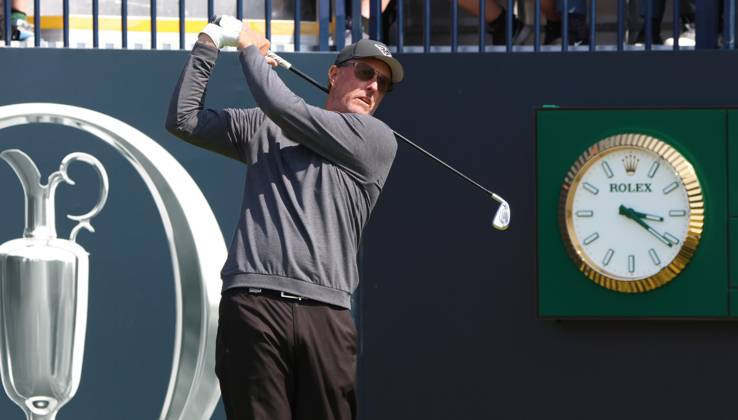 American Phil Mickelson drives on the 1st tee on the first day at the 151st Open Championship at Royal Liverpool Golf Club in Hoylake, England on Thursday, July 20, 2023.  LON2023072097 HUGOxPHILPOTT