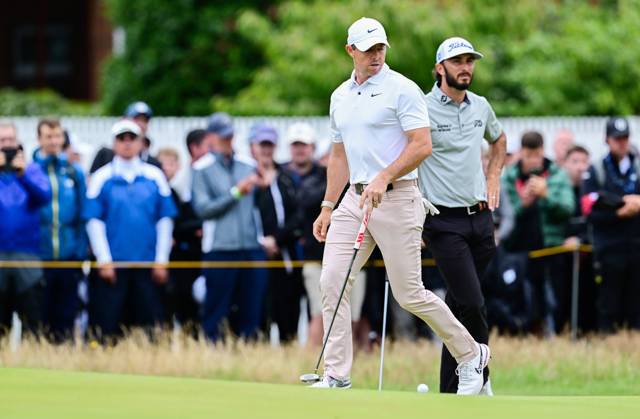 Mandatory Credit: Photo by Greig Cowie Shutterstock (14015635ay) Rory McIlroy walks up on the 2nd Green with Max Homa The British Open Championship, Day Three, Golf, Royal Liverpool Golf Club, Liverpool, UK - 22 Jul 2023 The British Open Championship, Day Three, Golf, Royal Liverpool Golf Club, Liverpool, UK - 22 Jul 2023 Copyright: xGreigxCowie Shutterstockx 14015635ay