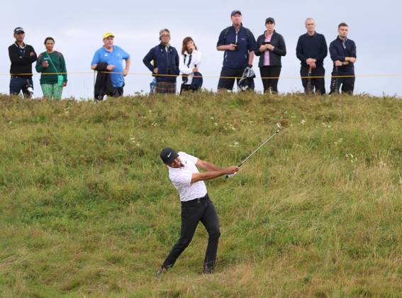 Australian Jason Day plays out of the rough on the eleventh hole on the third day at the 151st Open Championship at Royal Liverpool Golf Club in Hoylake, England on Saturday, July 22, 2023.  LON2023072240 HUGOxPHILPOTT