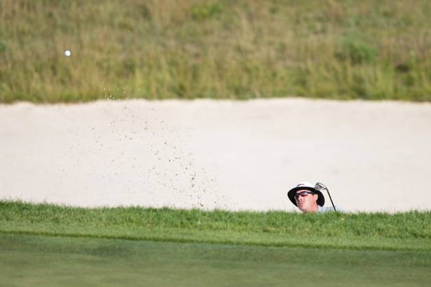 BLAINE, MN - JULY 28: Joel Dahmen hits bunker shot on the thirteenth hole during the second round of the 3M Open at TPC Twin Cities on July 28, 2023 in Blaine, Minnesota. (Photo by Bailey Hillesheim Icon Sportswire) GOLF: JUL 28 PGA, Golf Herren - 3M Open Round 2 EDITORIAL USE ONLY Icon2307280043